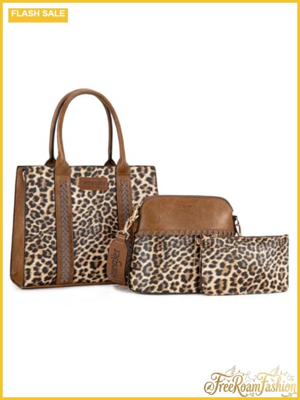3 Piece Leopard Purse Set Tote Crossbody Bag Wallet Guitar Strap Western